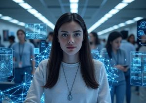 Female college student in a library with AI elements, symbolizing college career tips for 2025 at Next Horizon Now.