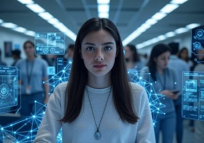 Female college student in a library with AI elements, symbolizing college career tips for 2025 at Next Horizon Now.